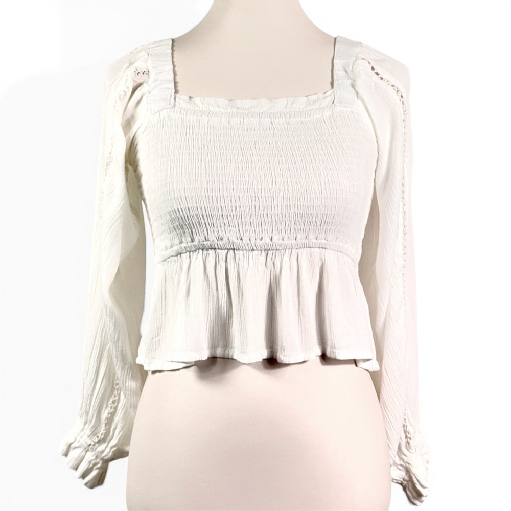 Sim & Sam White Smocked Milkmaid Peasant Peplum Top M White Cottagecore Babydoll